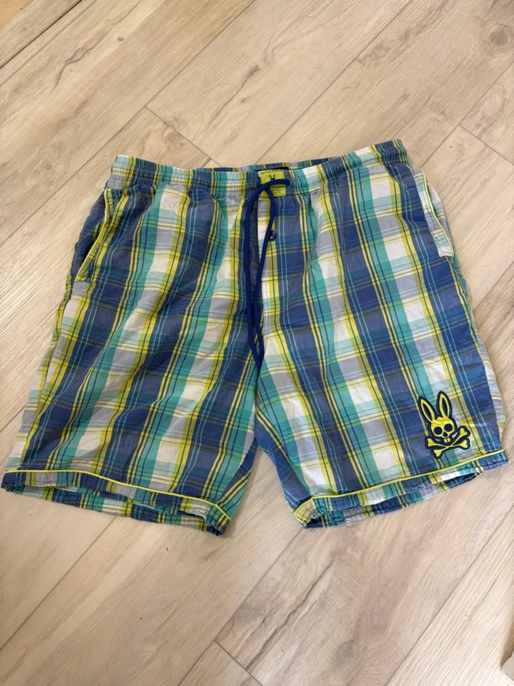 Psycho Bunny Plaid Shorts with Bunny Skull Patch - Blue, Green, Yellow